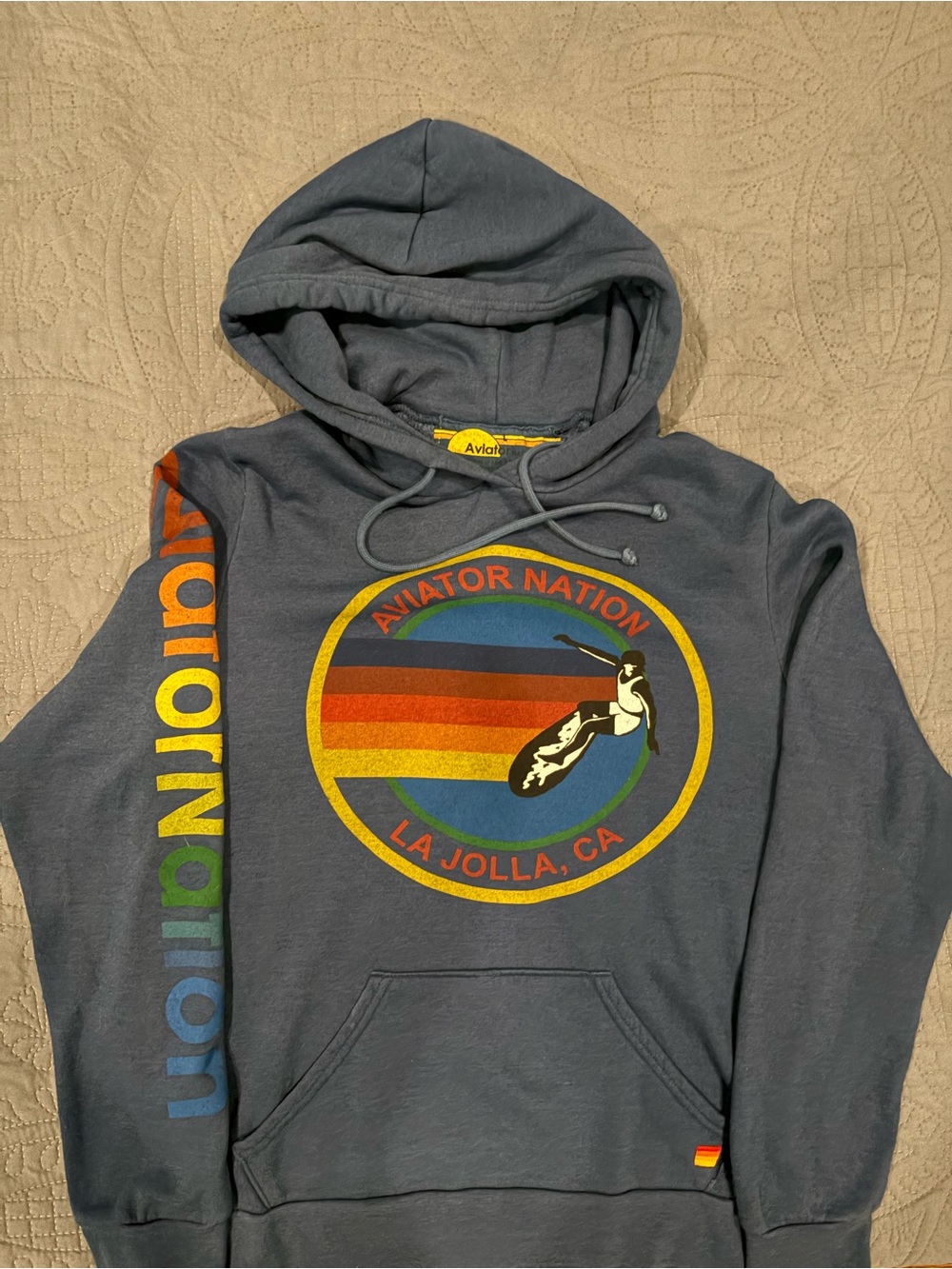Aviator Nation La Jolla CA Rainbow Graphic Hoodie in faded/slate navy blue